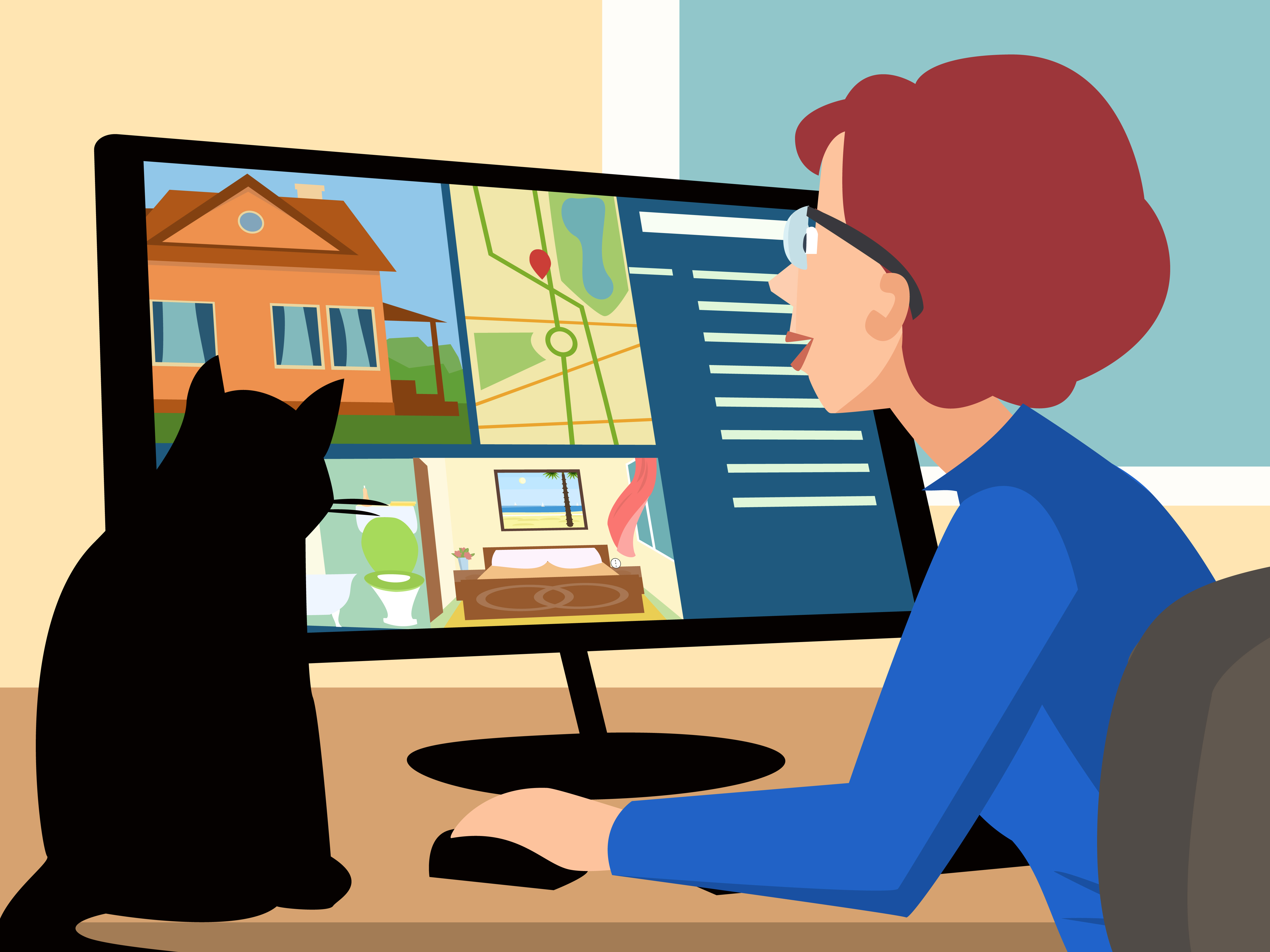 Cartoon image of a woman and her cat, browsing Airbnb listings on a desktop computer