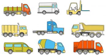 nine types of commercial vehicles drawn in bright colors