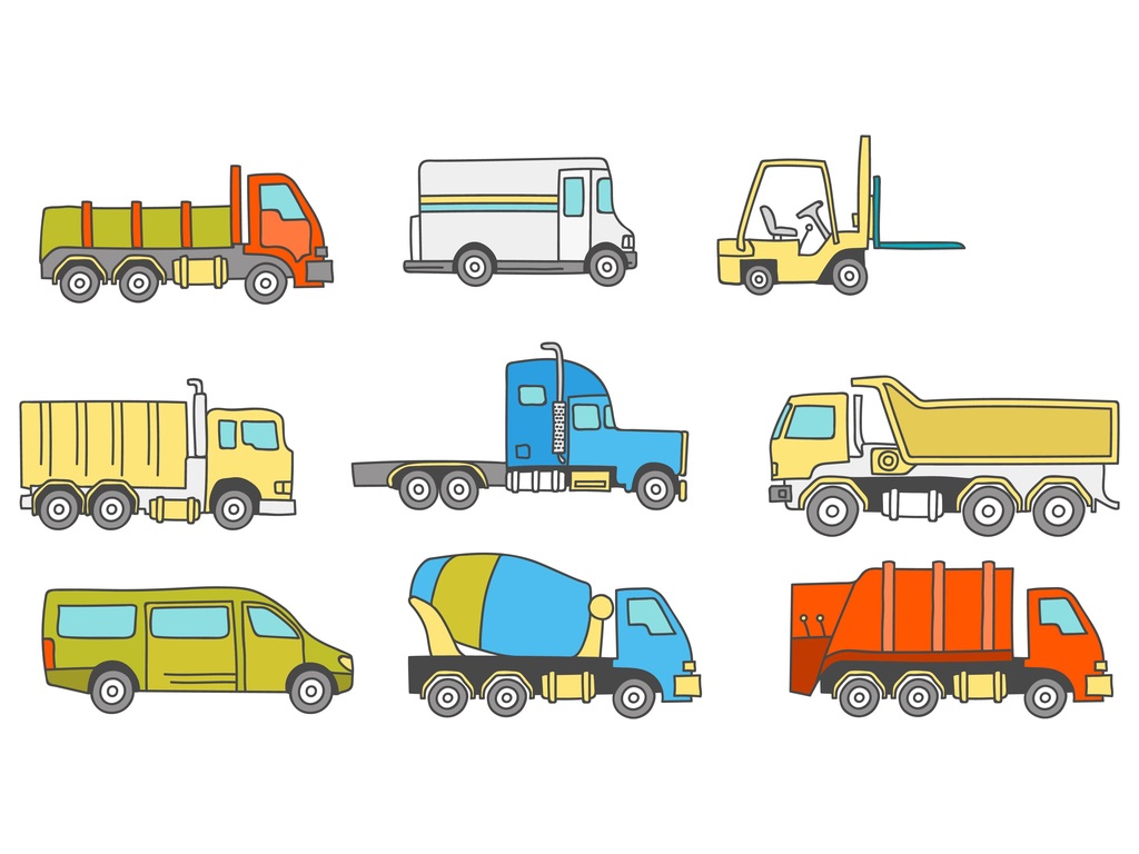 nine types of commercial vehicles drawn in bright colors
